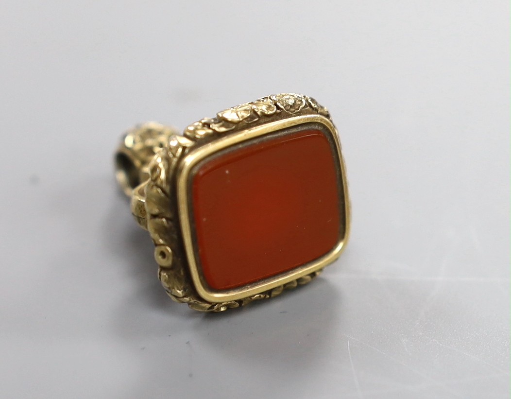 A 19th century gold plated and carnelian set fob seal, 33mm.